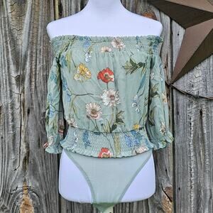 OffShoulder Bodysuit ASTR Lucy Size XS Sage Green Floral Smocked Ruffle Crop NWT